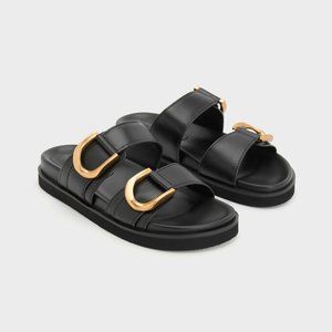 Gabine Buckled Leather Slides​ - Black
